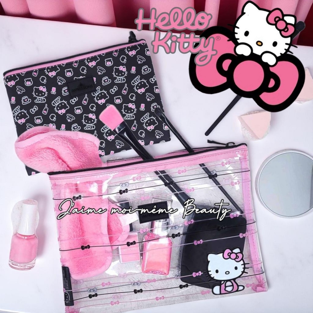 Hello Kitty Pink and Black Coquette Bow Print Cosmetic Bag SET